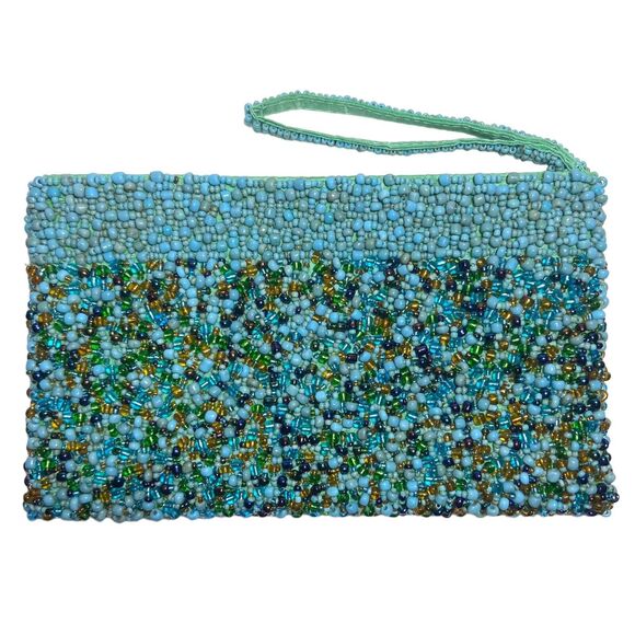 Handcrafted Beaded Clutch Bag Turquoise & Brown Beads Boho Chic Evening Purse - Picture 5 of 9